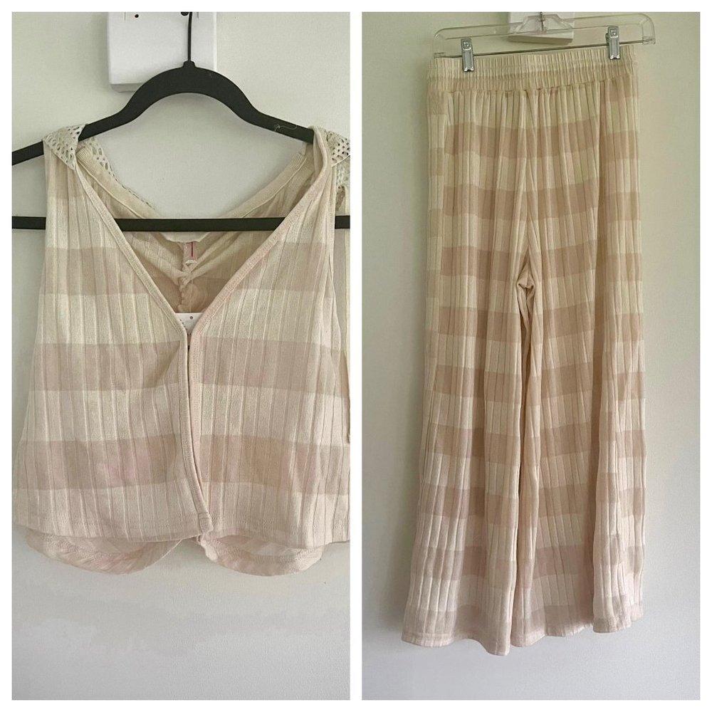 NWT Free People Movement Tan Striped Hooded Wide Leg Pants Set Outfit Small JB